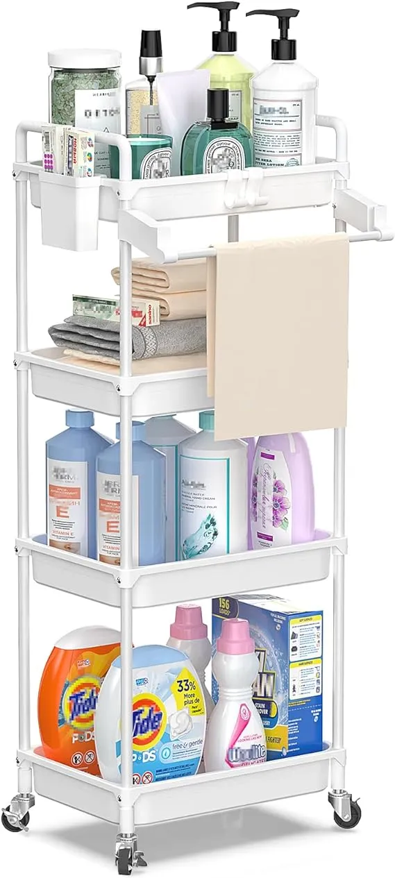 SPACEKEEPER Rolling Storage Cart, 4-Tier Bathroom Organizer Utility Cart Laundry Room Organization Mobile Shelving Unit with Towel Rack, Lockable Wheel, Hooks & Cup for Kitchen Bedroom Office, White