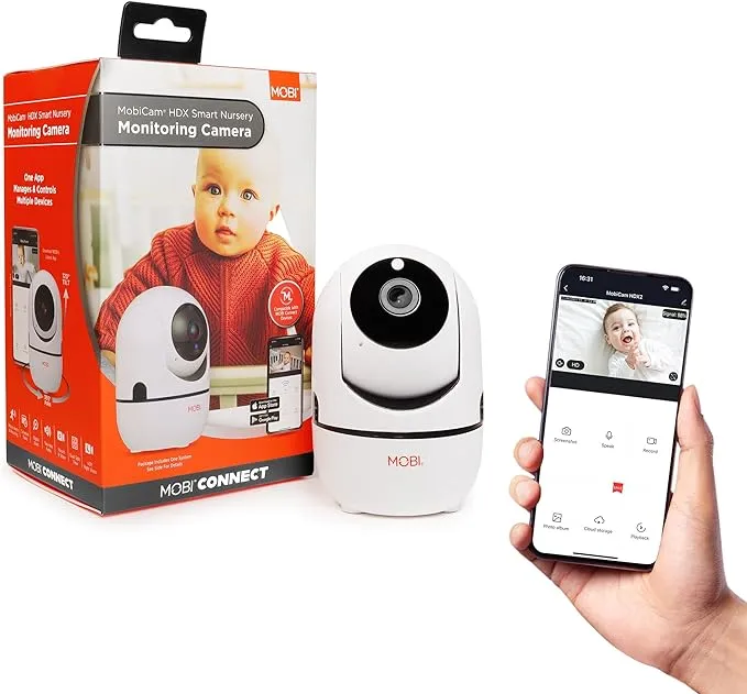 MOBI MobiCam® HDX Wi-Fi Pan & Tilt Smart Nursery Monitoring Camera, Baby Video Monitor, Night Vision, Motion Detection, Full HD, Two-Way Audio, Remote View & Recording with Free Smart App