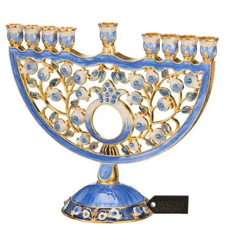 Matashi Hand Painted Enamel Menorah Candelabra with a Star of David