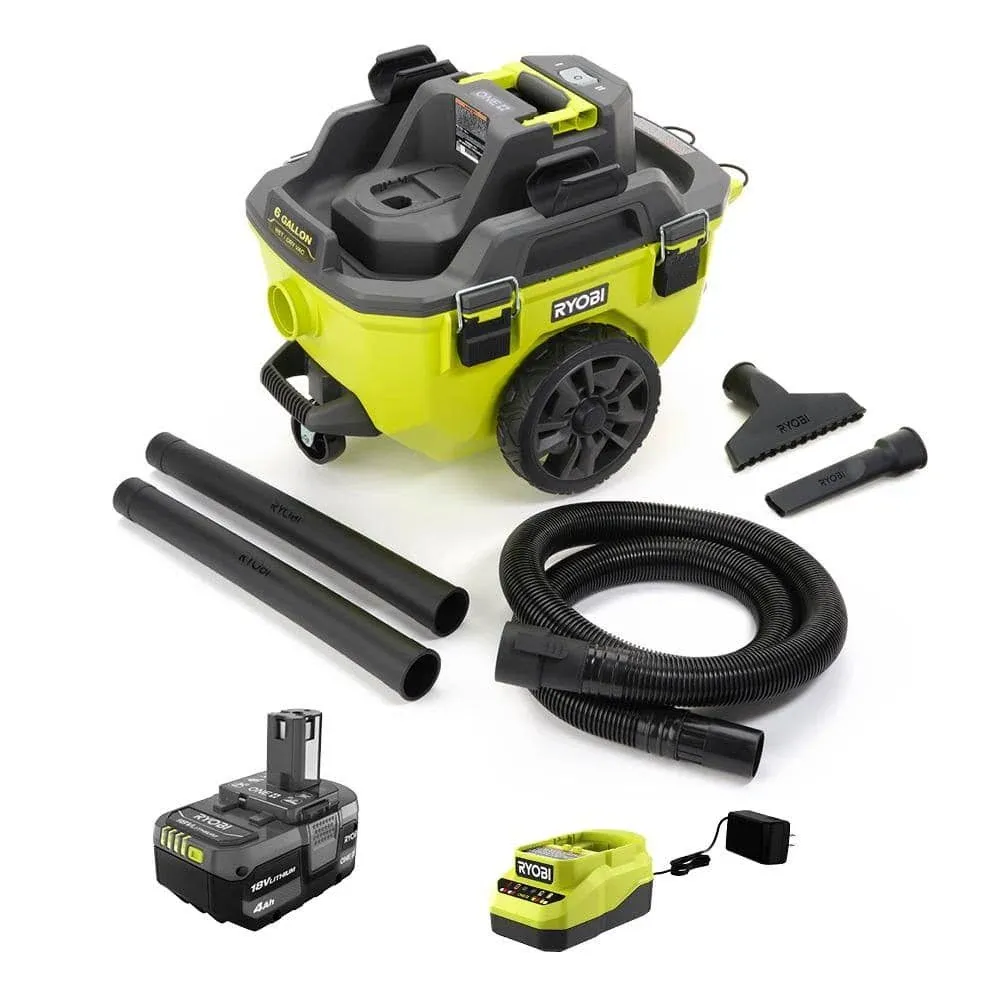 Ryobi PCL735K One+ 18V Cordless 6 gal. Wet Dry Vacuum Kit with 4.0 Ah Battery and ...