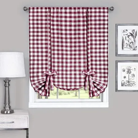 GoodGram Buffalo Check Plaid Gingham Custom Fit Window Curtain Tie Up Shade - Burgundy