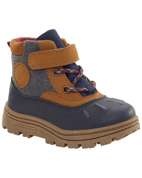 Navy and brown toddler hiking / snow boots