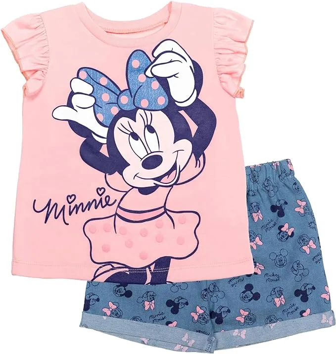 Disney Minnie Mouse Rainbow Floral T-Shirt and Chambray Shorts Outfit Set Infant to Big Kid Sizes (12 Months - 14-16)