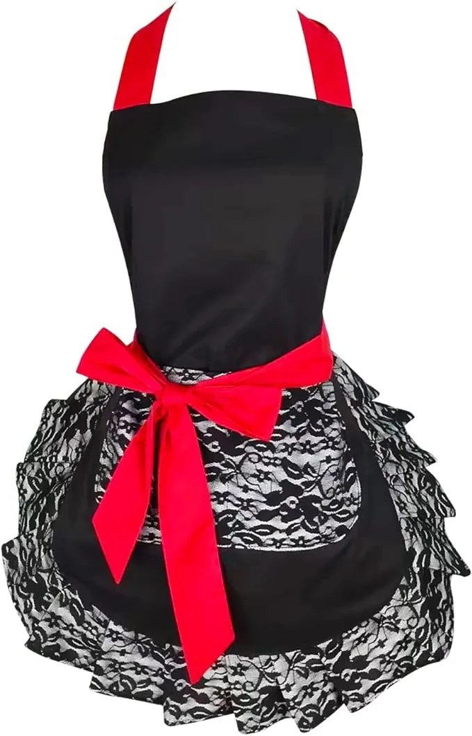 Aprons for Women Girls with Pocket,Black Lace Ruffle Original Apron Retro Sexy Apron Kitchen Cooking Christmas