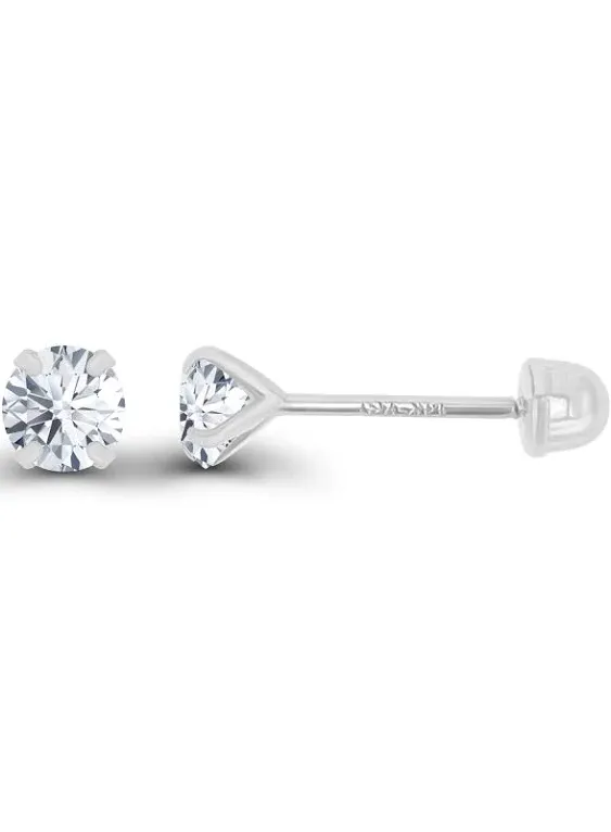 Solid 14k White Gold Hypoallergenic Round Cubic Zirconia Solitaire Stud Earrings For girls With Secure Ball Screw Backs For Women 3mm