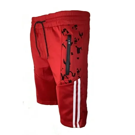 Mens Shorts Casual Drawstring Zipper Pockets Elastic Waist (M Red)