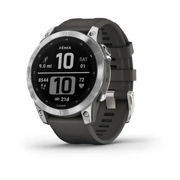 Garmin 010-02540-00 fenix 7, adventure smartwatch, rugged outdoor watch with GPS, touchscreen, health and wellness features, silver with graphite band