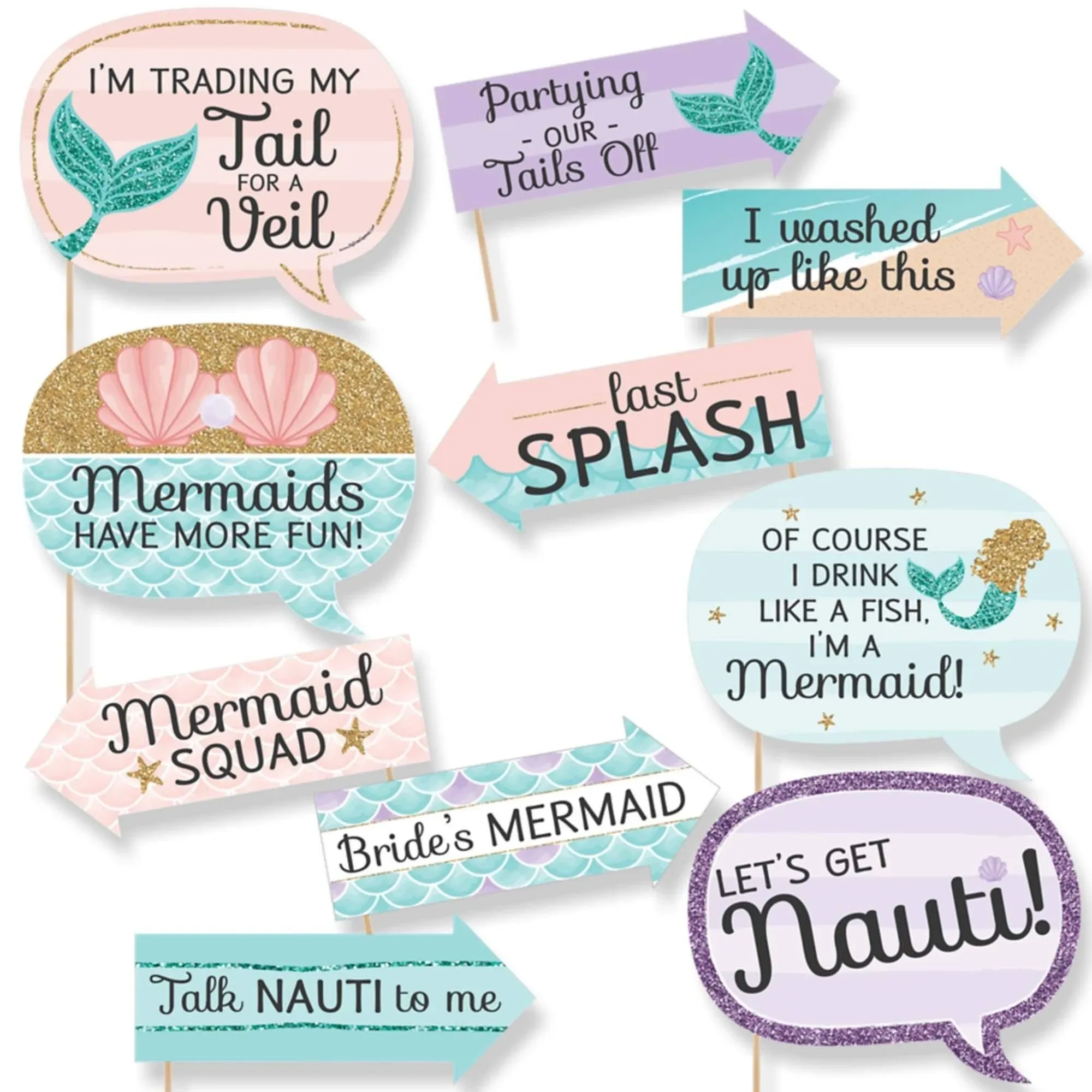 Funny Mermaid Bachelorette Party Trading The Tail For A Veil Photo Booth Props - Mermaid Bridal Shower Photo Booth Kit -10 Props