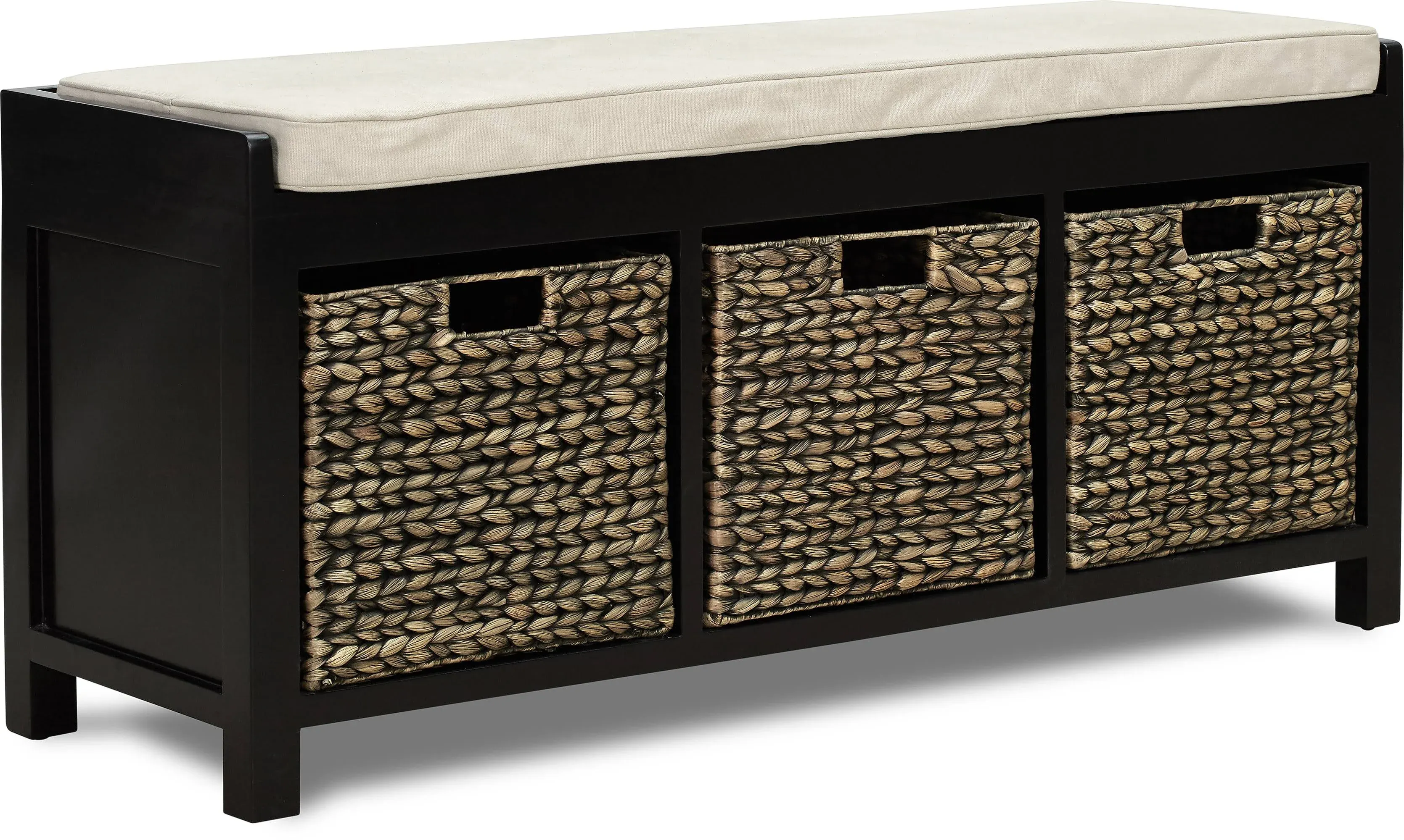 Classic Storage Bench, Reversible Cushion & 3 Baskets With Cut Out Pulls, Black - Transitional - Accent And Storage Benches - by Declusia | Houzz