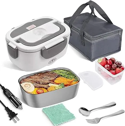 Electric Lunch Box,2 In 1 Portable Lunch Box Food Heater Upgraded Sealing Ring Waterproof And Leak-Proof For Car/Truck And Work 12v 110v 55w ,Stainless Steel Container Spoon Fork&Handbag