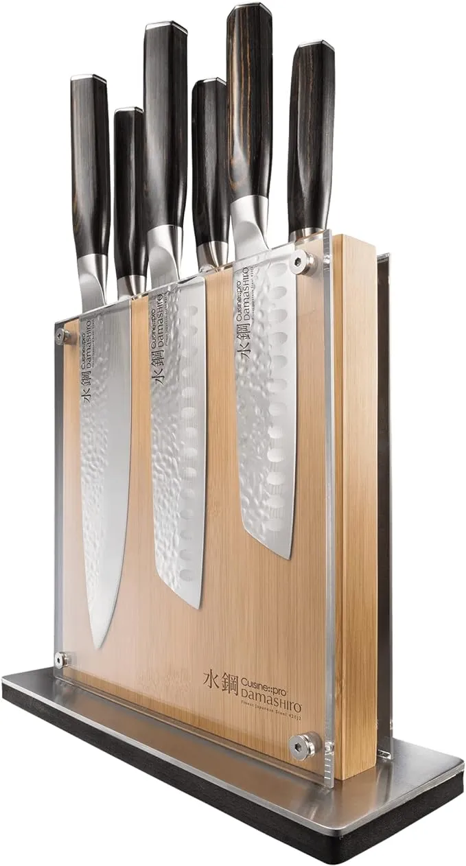 Cuisine::pro Damashiro Emperor Knife Block (Shi, 7 Piece Set) - Premium Japanese Steel Knife Set With Tempered Glass - Magnetic Knife Holder - Professional Knife Set in Damascus Design