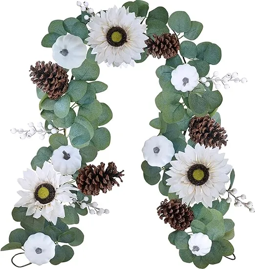 Winlyn 6' Artificial Eucalyptus Garland with White Pumpkins Sunflowers Pinecones Berries White Pumpkin Garland Fall Greenery Garland for Thanksgiving Wedding Table Centerpiece Mantel Front Door Décor