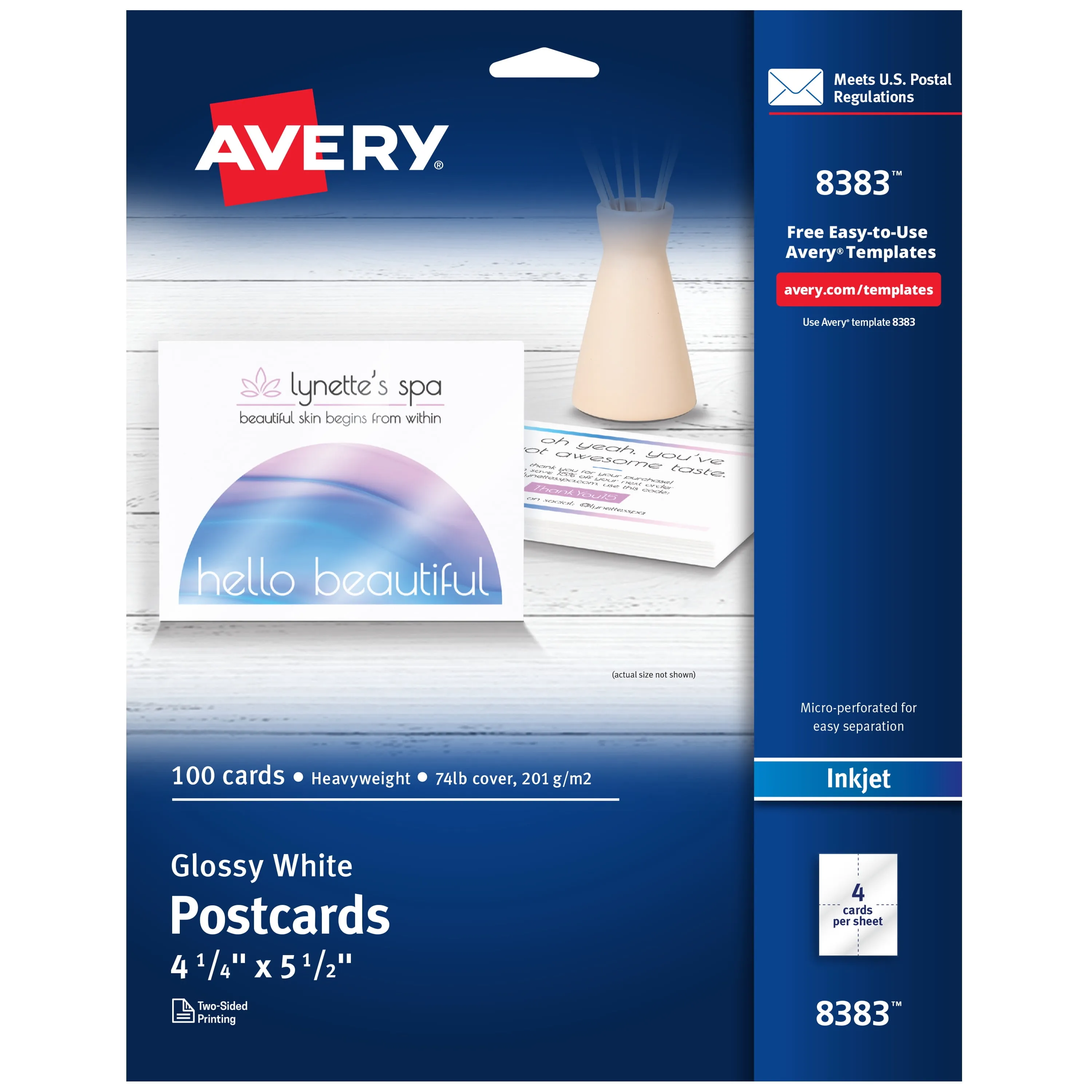 Avery 8383 Photo-Quality Glossy Postcards for Inkjet Printers, 4 1/4 x 5 1/2, White (Pack of 100)Avery 8383 Photo-Quality Glossy Postcards for Inkjet Printers, 4 1/4 x 5 1/2, White (Pack of 100)