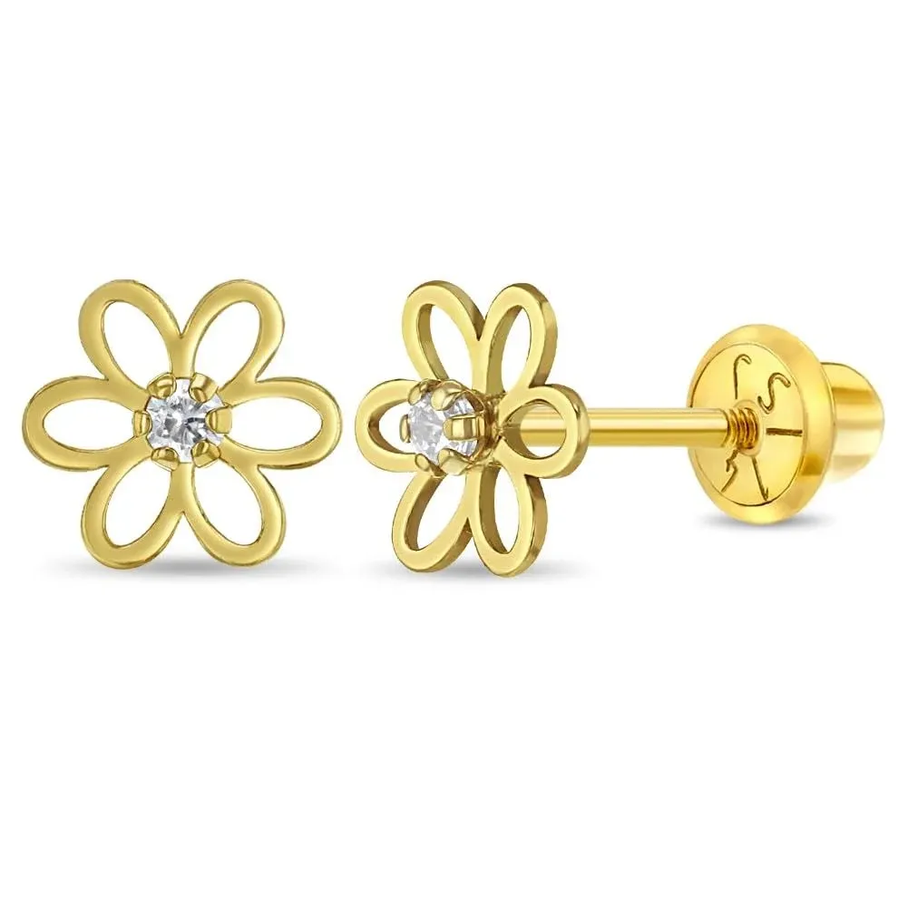 14k Yellow Gold Dainty Cubic Zirconia Young Girls Open Flower Earrings with Safety Screw Backs - Small Flower Stud Earrings for Toddlers with Locking Screw Backs for Safety & Comfort