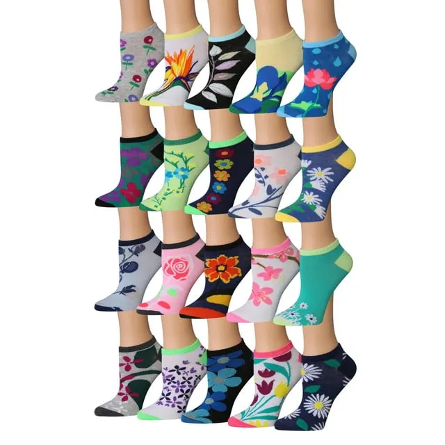 Tipi Toe Women's 20 Pairs Colorful Patterned Low Cut/No Show Socks