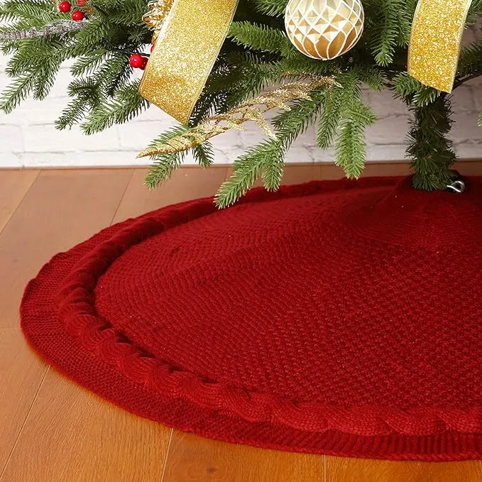  Christmas Tree Skirt, 36 inches Luxury Cable Knit Knitted Thick 36&#034; Burgundy