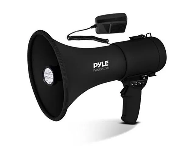 pyle portable compact pa megaphone speaker with alarm siren & adjustable volume 50w handheld lightweight bullhorn with mic, aux in for mp3 &.