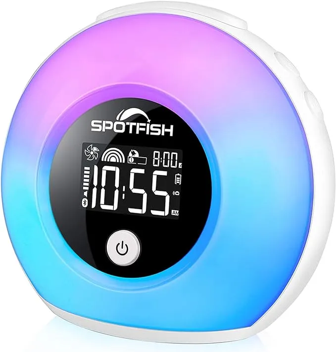 SPOTFISH Alarm Clock for Kids with Wake Up Light and Bluetooth Speaker, Dimmable Warm Light & Colorful Lights, Colorful Night Light Alarm Clock for