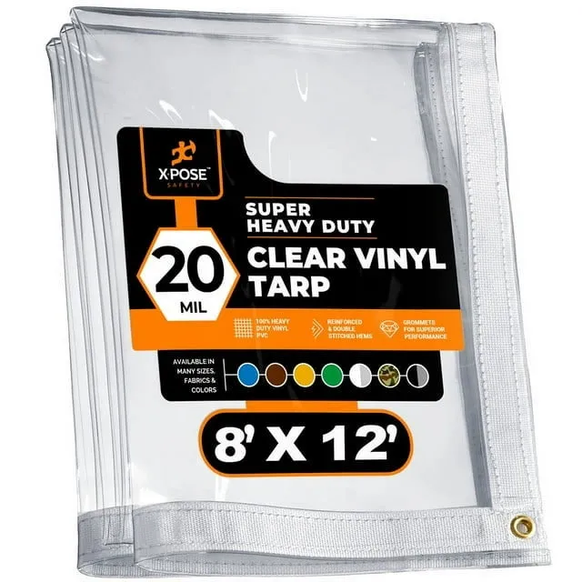 8' x 12' Clear Vinyl Tarp - 30 Mil Super Heavy Duty Transparent Waterproof PVC Tarpaulin with Brass Grommets - for Patio Enclosure, Temporary Wall, Camping, Tent Cover, Canopy - by Xpose Safety