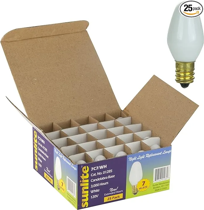 Sunlite 7W C7 120V Candelabra Base White Bulb