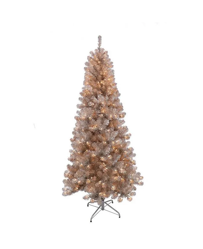 Puleo International 6.5 Foot Pre-Lit Rose Gold Tinsel Artificial Christmas Tree with 300 UL-Listed Clear Lights