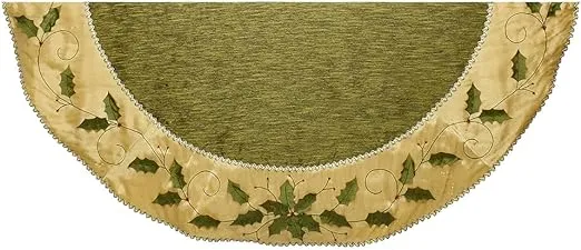 Kurt Adler 54" Green and Gold Holly Leaves Embroidered Treeskirt