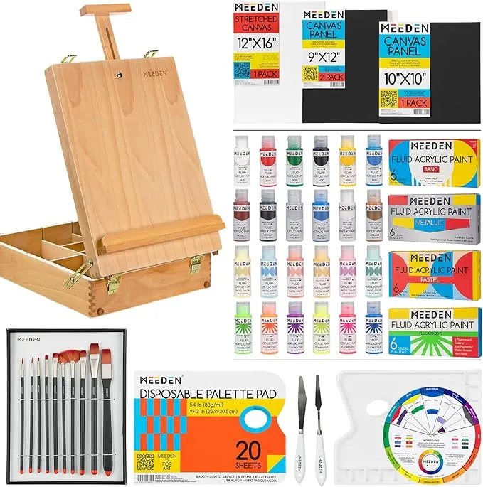 Meeden Acrylic Paint Set, Painting Kits With Brushes, Stretched Canvas And Black Panel Draw Sets, Tabletop Wooden Easel Box, 24 Fluid Colors (60Ml,2Oz), Art Supplies Set For Beginners And Artist