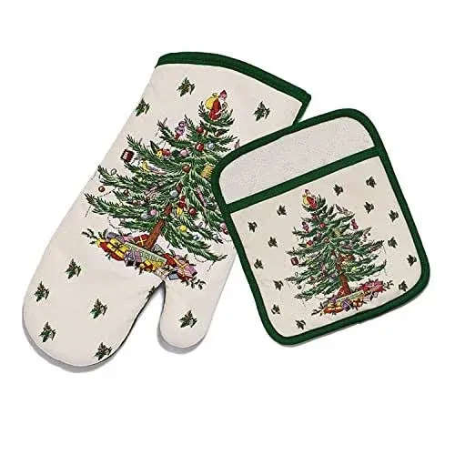 Spode Christmas Tree Green Pot Holder & Oven Mitt Set