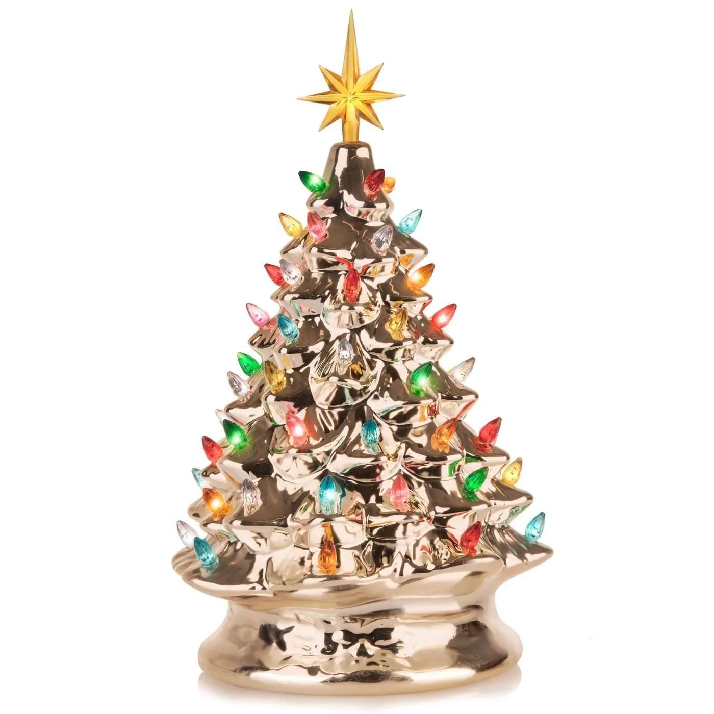 Ceramic Christmas Tree - 15-Inch, 50+ Multicolor LED Bulbs Handcrafted - Light Champagne Silver