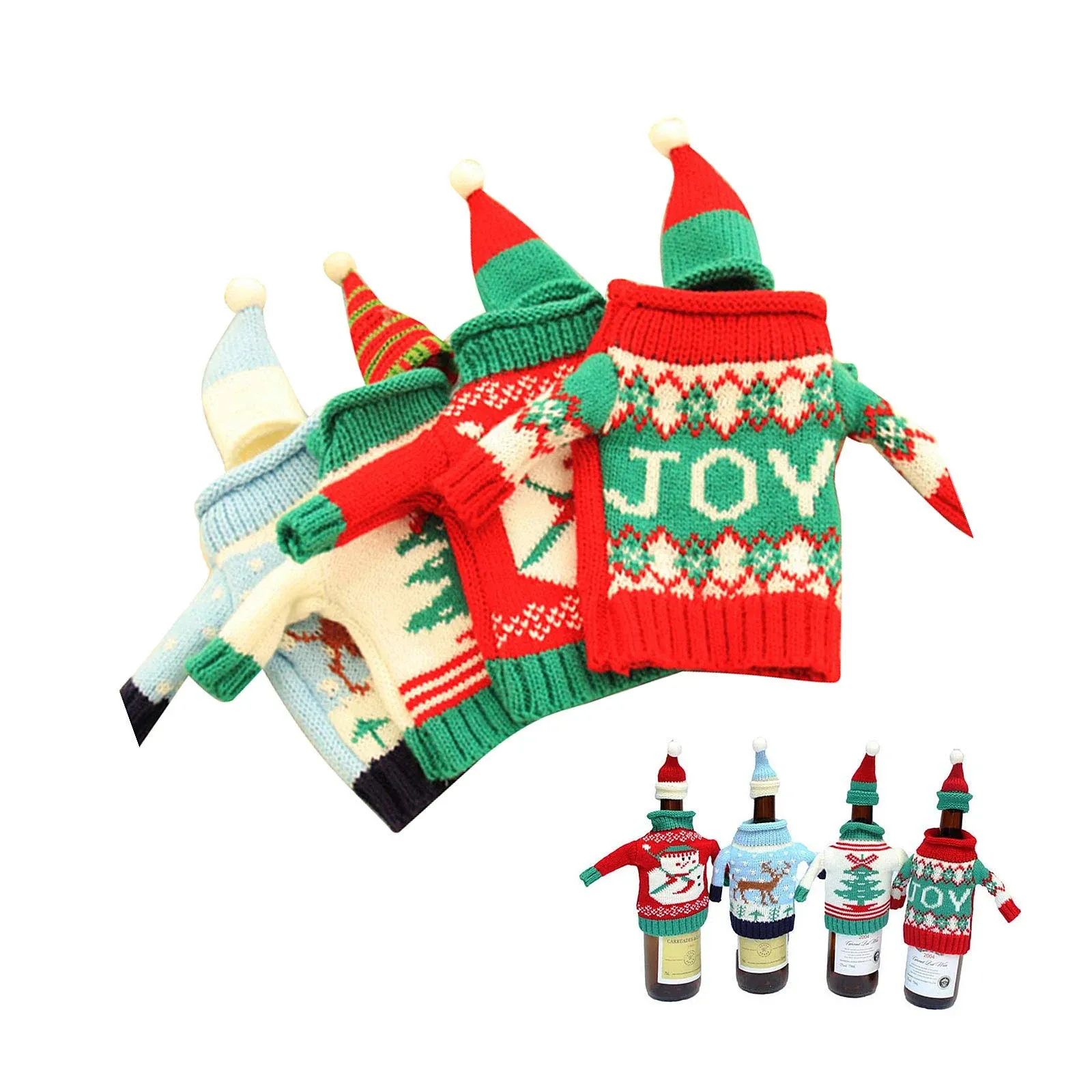 Gofypel Christmas Wine Bottle Covers Ugly Sweater Bottle Ornaments Beer Water Bottle Holders Xmas Table Decor with Hats for Christmas Holiday Party Favors Supplies 4 Set