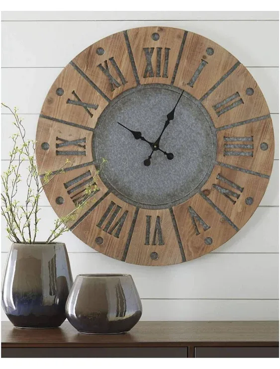 Signature Design by Ashley Payson Farmhouse Wall Clock, 30 x 30 Inches, Natural Wood Finish