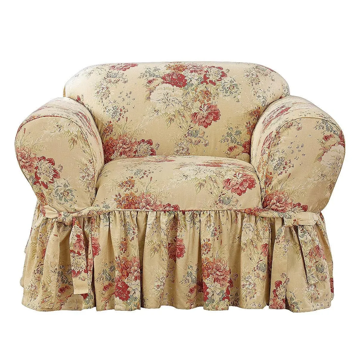 Waverly Ballad Bouquet Ruffled Chair Slipcover, Chair Cover with Cotton Floral One Piece Design and Ruffled Skirt, Machine Washable Chair Cover, Blush