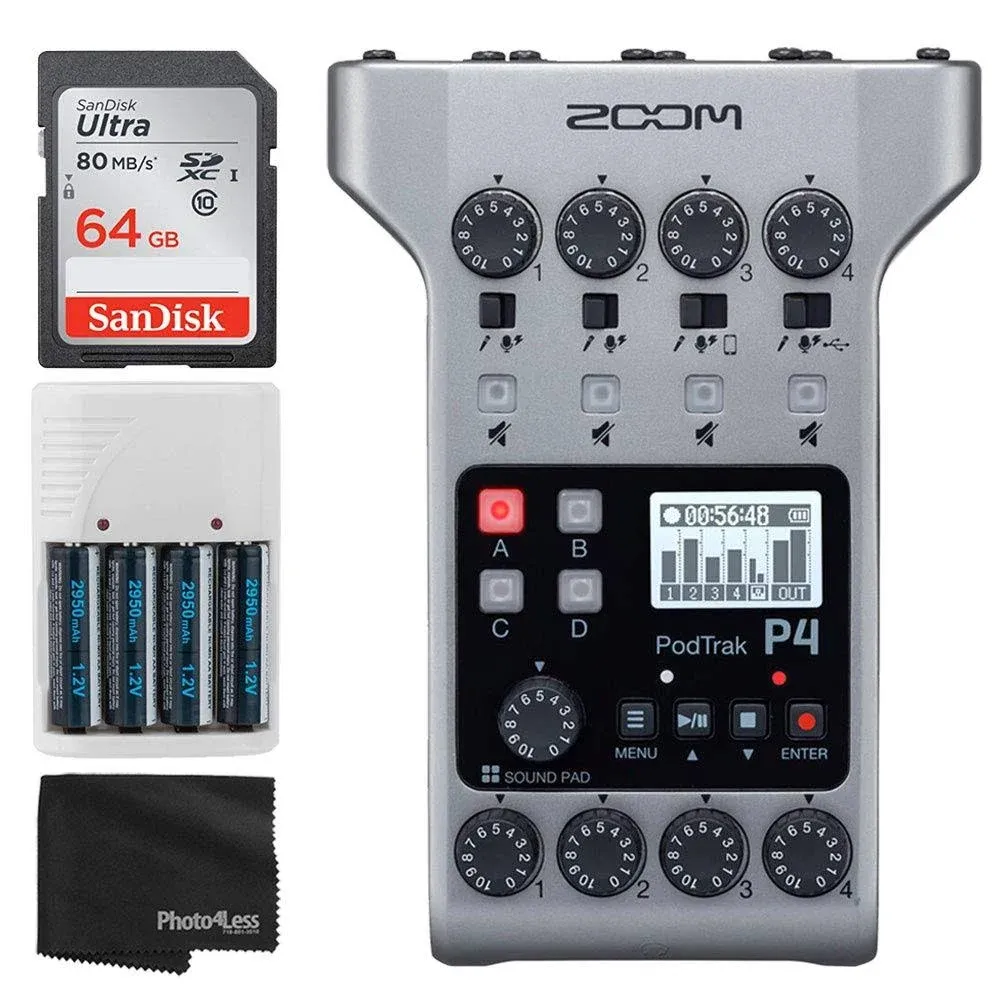 Zoom PodTrak P4 Portable Multitrack Podcast Recorder + 64gb Ultra SDXC Memory Card + 4X AA Batteries & Charger + Cleaning Cloth – Ultimate