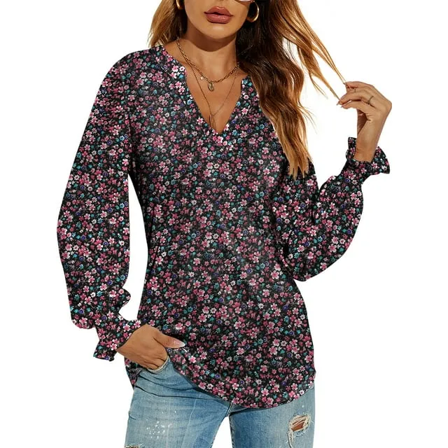 LOMON Women s Casual Puff Long Sleeve Tunic Tops V-Neck Pleated Flare Blouse T-Shirts with Smocked Cuffs