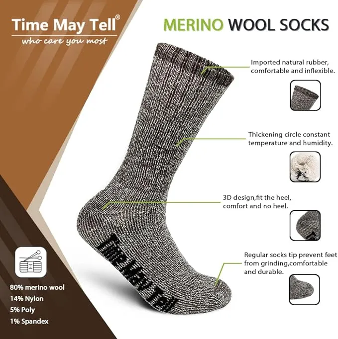 Time May Tell Mens Merino Wool Hiking Cushion Socks Thermal Warm Crew Winter Boot Socks Pack (2/4 Pair,6-13 Size)