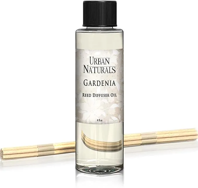 Urban Naturals Gardenia Scented Oil Reed Diffuser Refill | Includes a Free Set of Reed Sticks! Jasmine, Ylang Ylang, Tuberose & Amber Notes | 4 oz