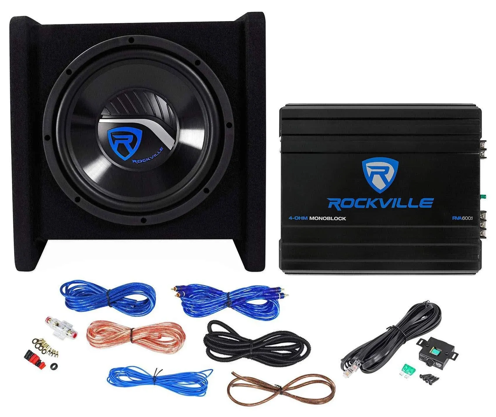 Rockville RV10.1D 500w 10" Loaded Car Subwoofer Enclosure+Mono Amplifier+Amp Kit,Black