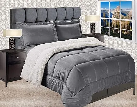 Elegant Comfort Premium Quality Heavy Weight Micromink Sherpa-Backing Reversible Down Alternative Micro-Suede 3-Piece Comforter Set, King, Grey