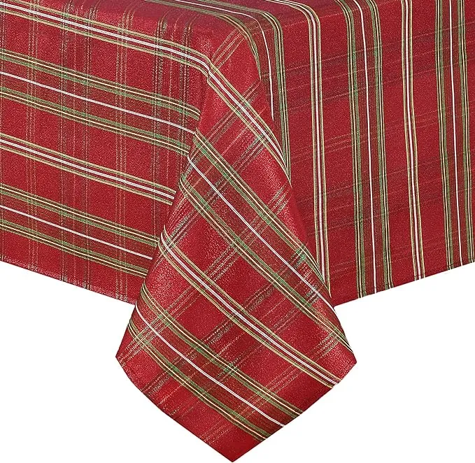 Elrene Home Fashions Shimmering Plaid Holiday Fabric Tablecloth, 52" x 52", Red