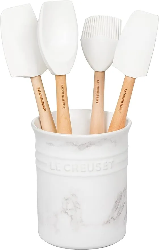 Le Creuset Silicone Craft Series Utensil Set with Stoneware Crock, 5 pc., White