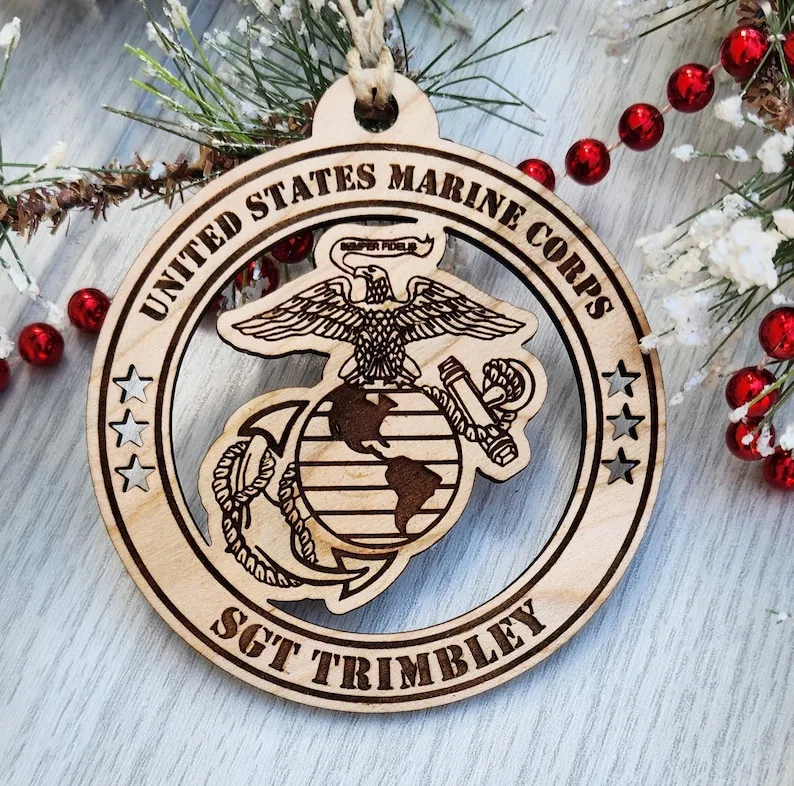 USMC Personalized Wooden Christmas Tree Ornament, Marine Corps Gifts