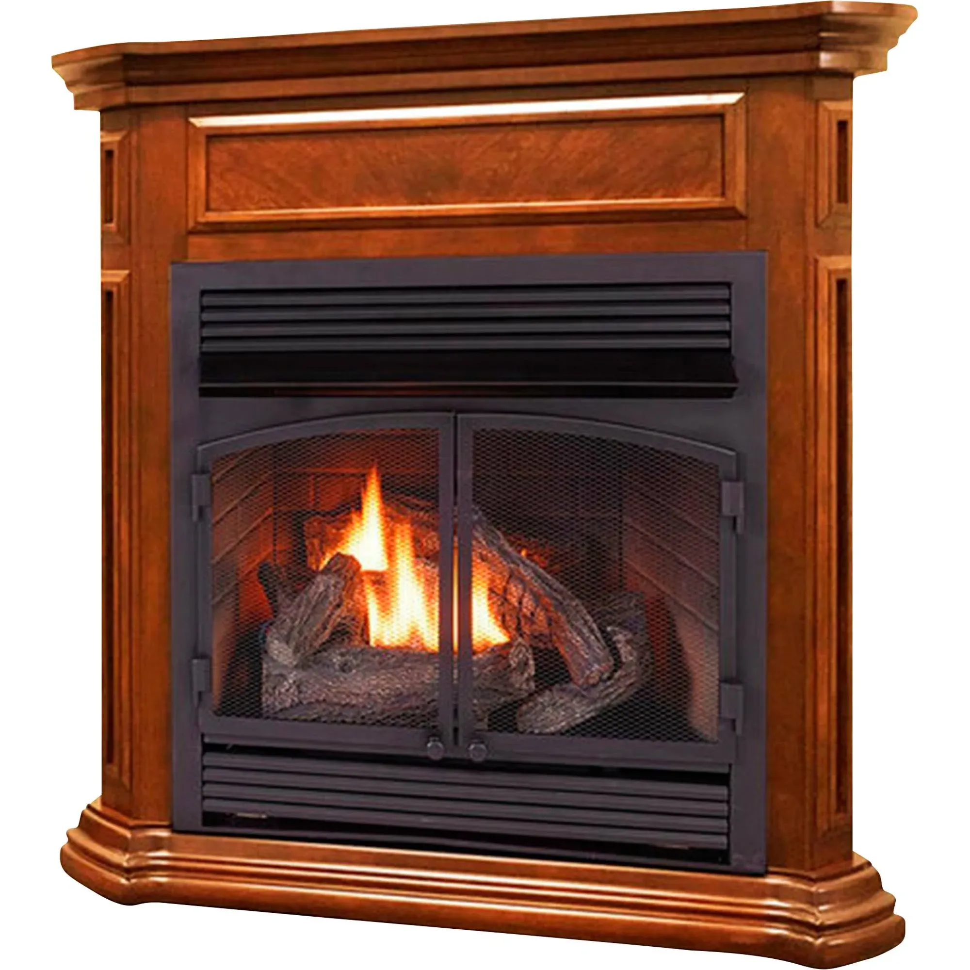 Duluth Forge Dual Fuel Ventless Gas Fireplace System with Mantle, Remote Control, 6 Fire Logs, Use with Natural Gas or Liquid Propane, 32000 BTU, Heats up to 1500 Sq. Ft., Nutmeg