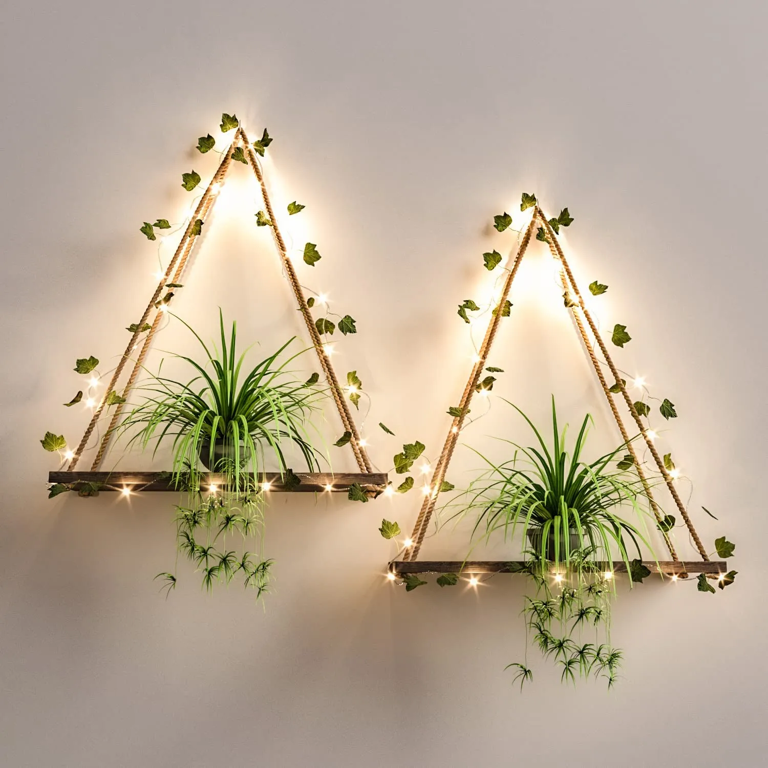 RICHER HOUSE Artificial Ivy LED-Strip Wall Hanging Shelves Set of 2, Macrame Shelf for Bedroom Bathroom Living Room Kitchen, Wood Hanging Plant Shelves for Wall Décor