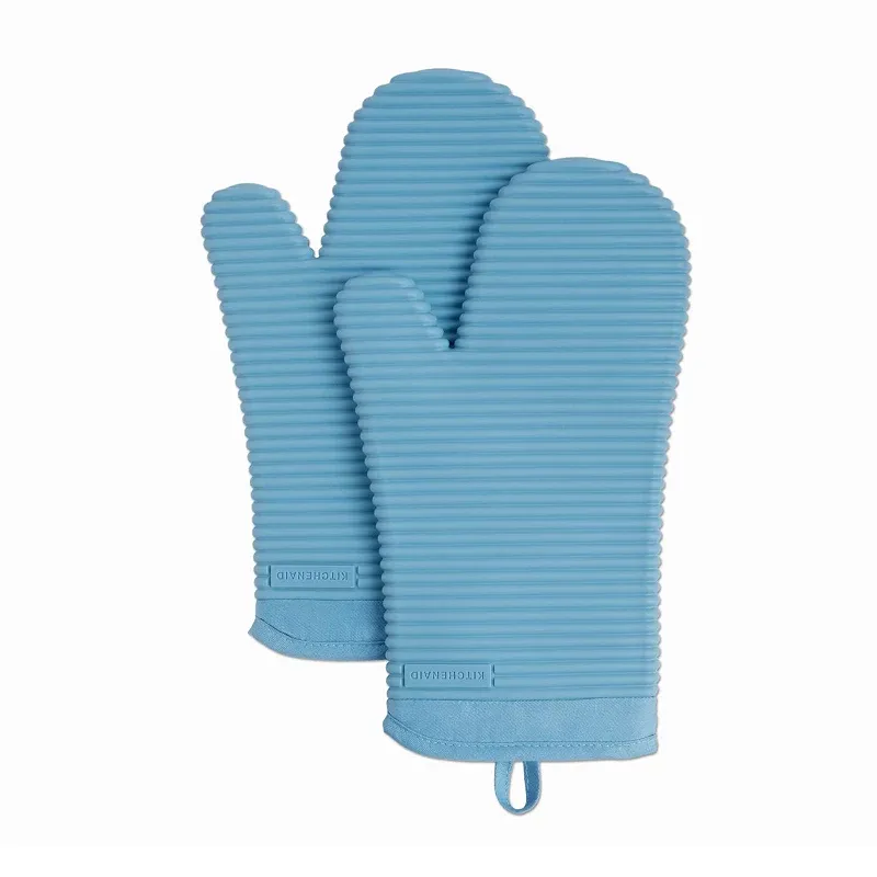 KitchenAid Ribbed Soft Silicone Oven Mitt Set of 2 - Aqua Sky