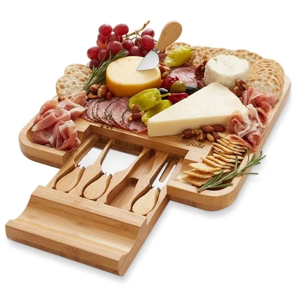 Bamboo Cheese Board & Knife Gift Set, Charcuterie Serving Tray - Natural