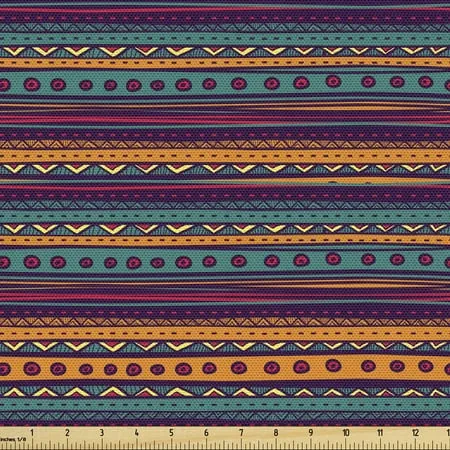 Ambesonne Striped Fabric by the Yard Upholstery, Retro Aztec Art