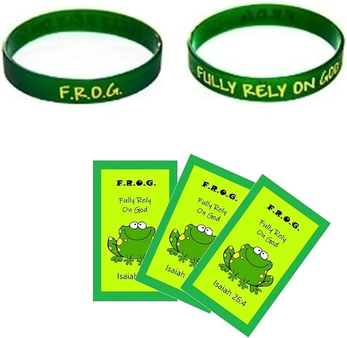 Fully Rely on God Frog Silicone Religious Rubber Bracelets With Pocket Prayer Encouragement Cards For Churches Sunday School Religious Supplies Bulk Pack (10 Sets)