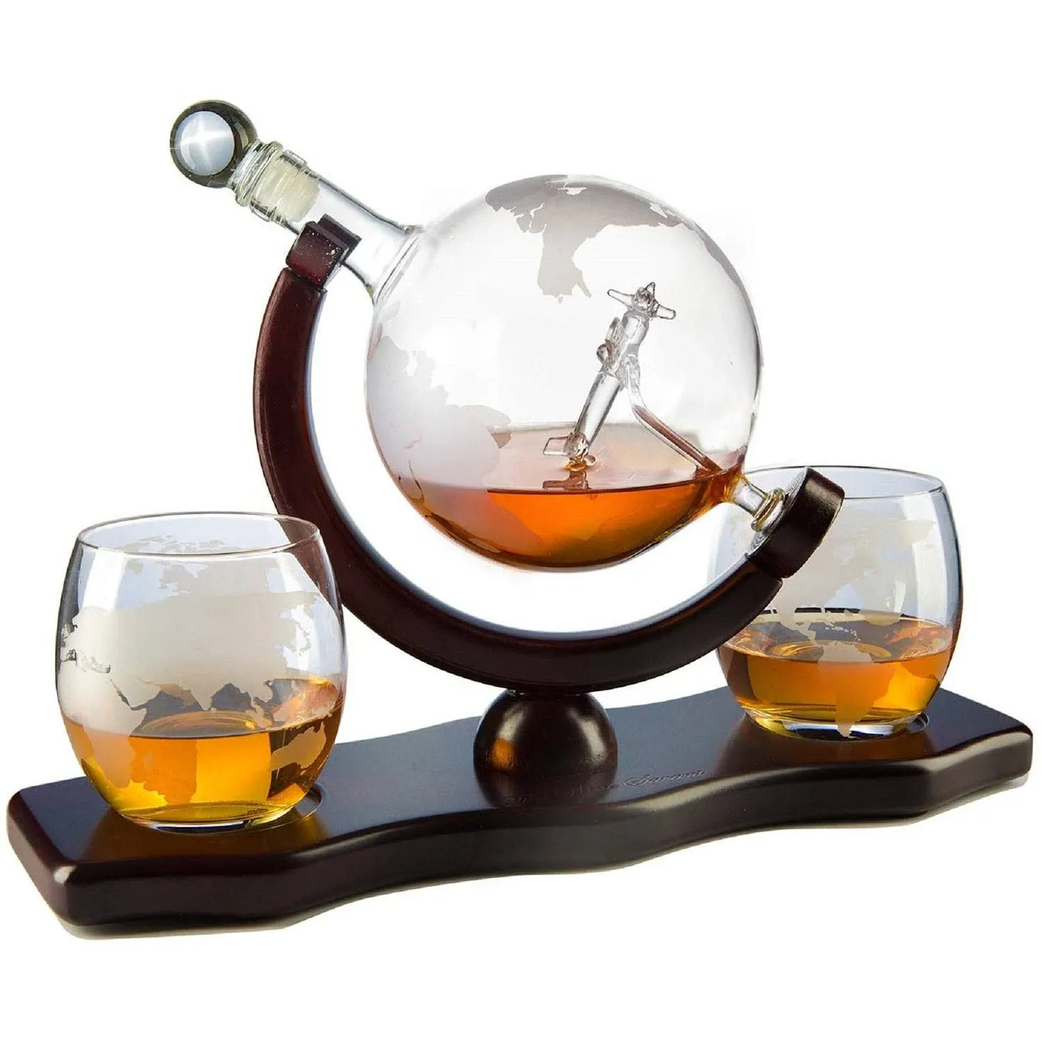 Etched World Decanter Whiskey Globe - Antique Airplane The Wine Savant 850ml, Whiskey Stones and 2 World Map 10 oz Glasses, Pilot Gift Clear