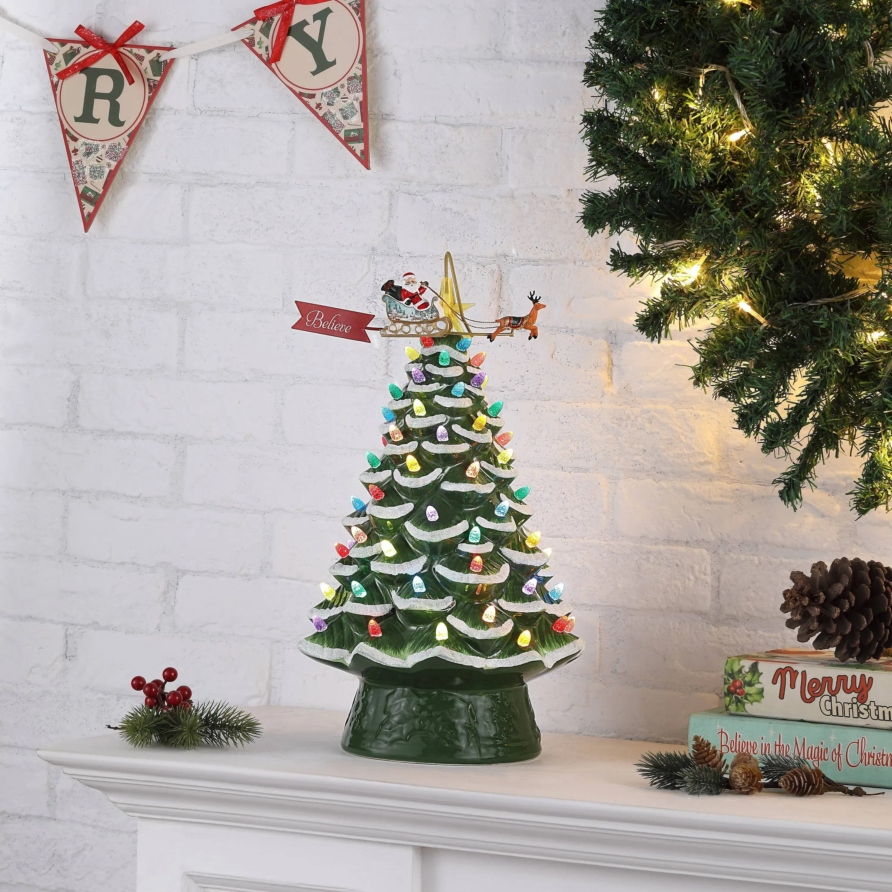 Mr Christmas 90th Anniversary Collection 16" Lit Ceramic Tree with Animated Santa's Sleigh Table Decor, Green