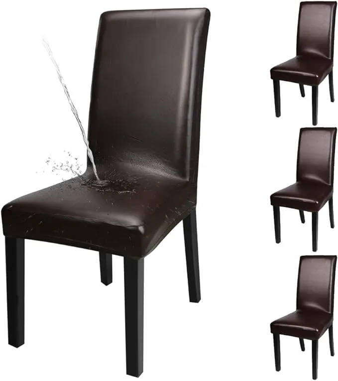 Dining Chair Covers, Solid Pu Leather Waterproof and 4 Pack, Deep Coffee 